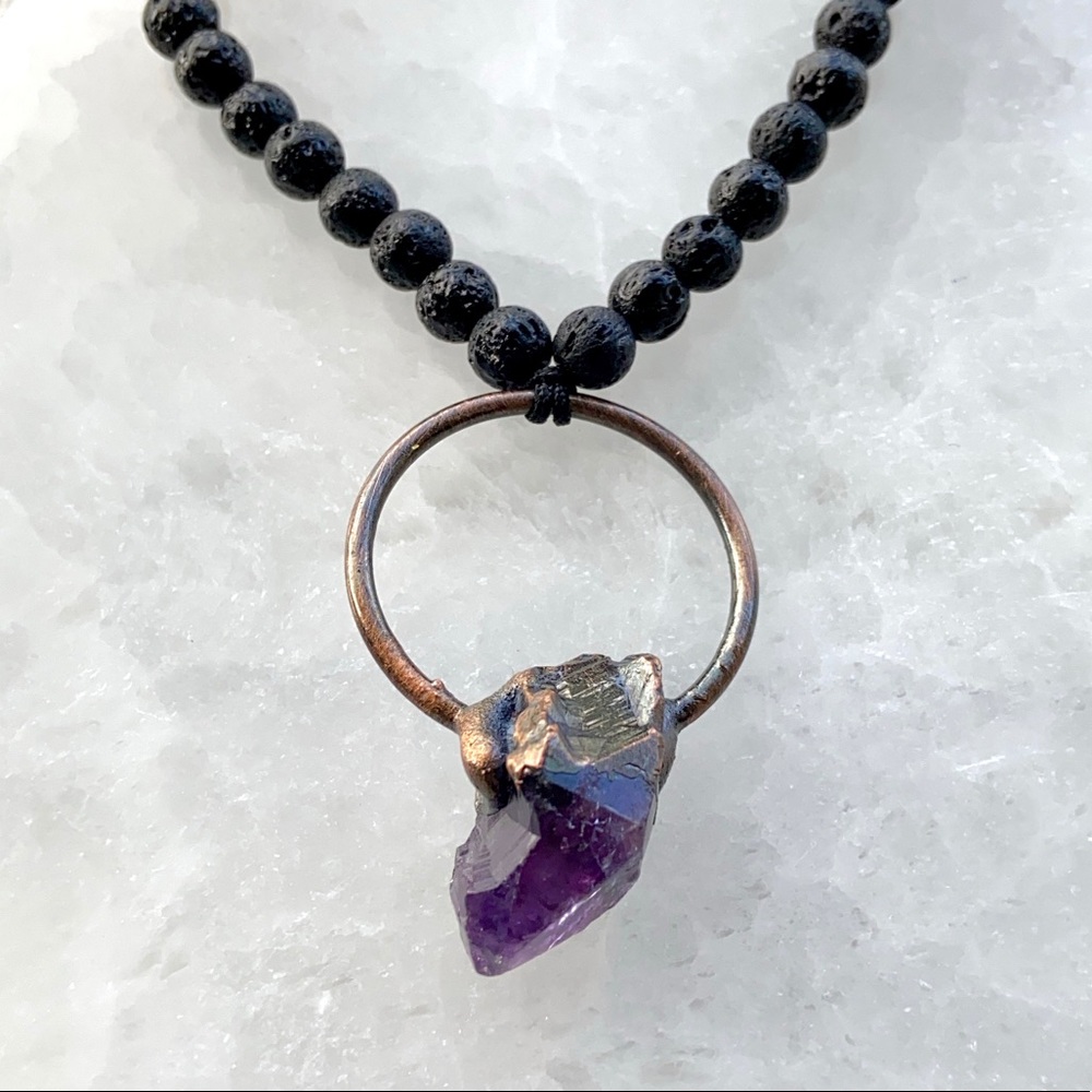 Genuine amethyst crystal stone bead lava necklace - Picture 13 of 16